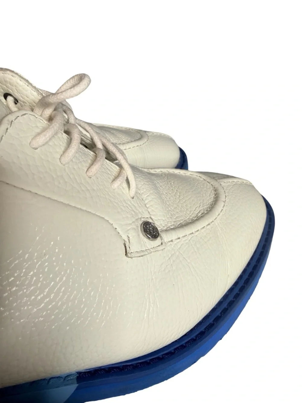 G/FORE white Leather Derby golf Shoes with Blue outer trim Sole men size 10